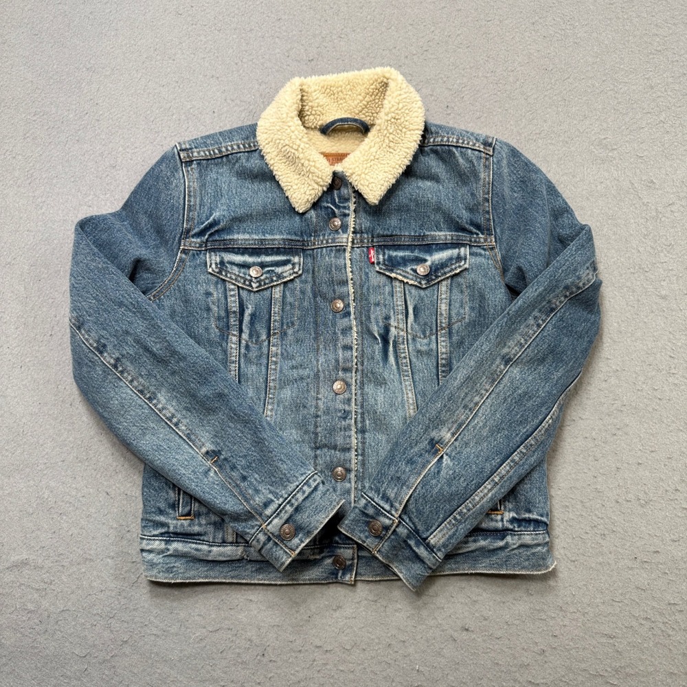 Levi's Premium Jacket Women's Small Blue Sherpa Lined Classic Denim Trucker Coat